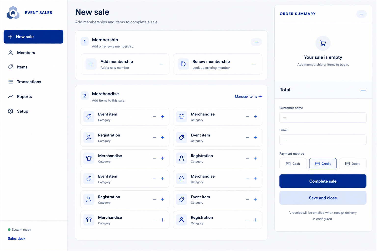 Privacy-safe event point-of-sale sales workspace with all branding and operational data removed