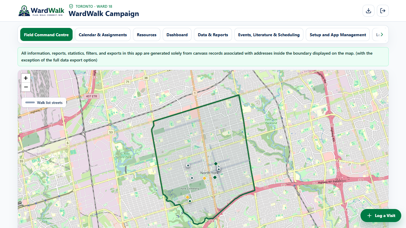WardWalk Field Command Centre showing a municipal campaign map